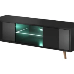 Meuble TV Design EDEN 140 Cm, 2 Portes Et 2 Niches, Coloris Noir + LED. Type Scandinave.