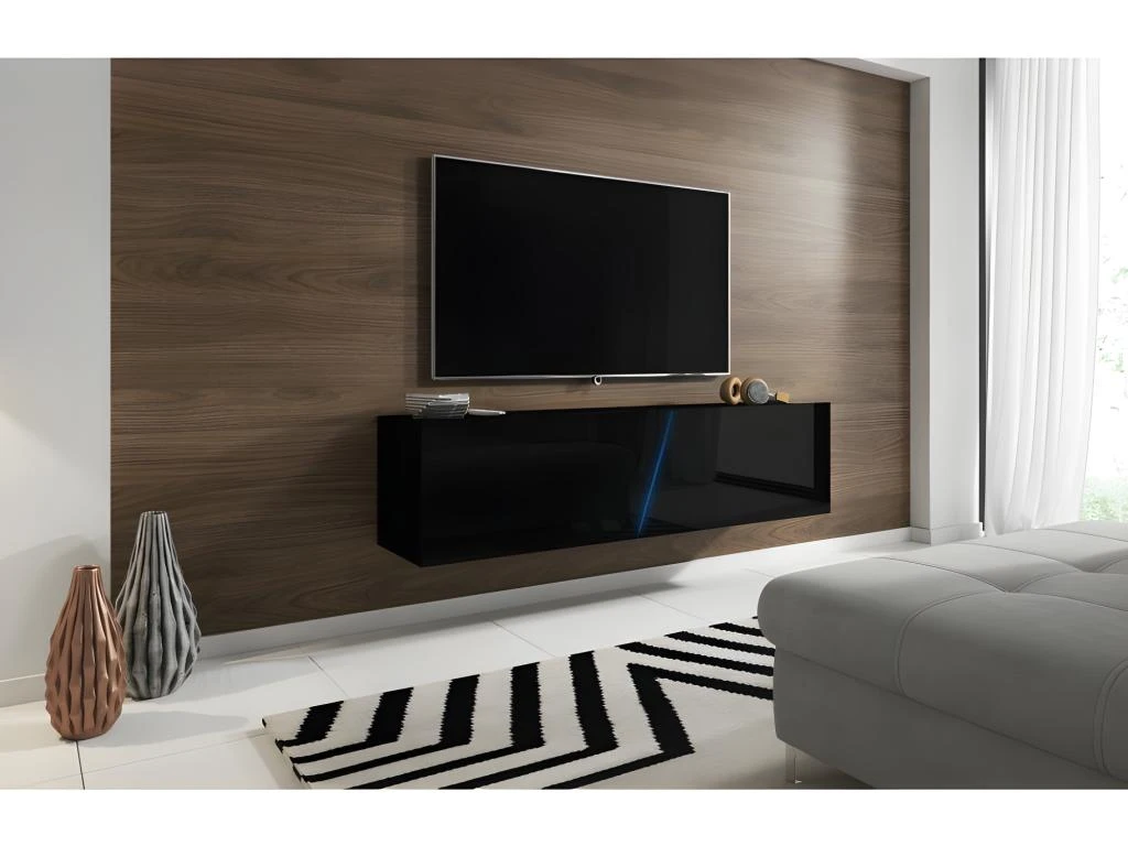 Meuble TV Suspendu Design SPEED, 160 Cm, 1 Porte, Coloris Noir Avec LED Intégrée. 4 Meuble TV Suspendu Design SPEED, 160 Cm, 1 Porte, Coloris Noir Avec LED Intégrée. – Image 2