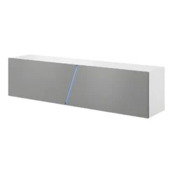 Meuble TV Suspendu Design SPEED, 160 Cm, 1 Porte, Coloris Blanc Et Gris Avec LED Intégrée.