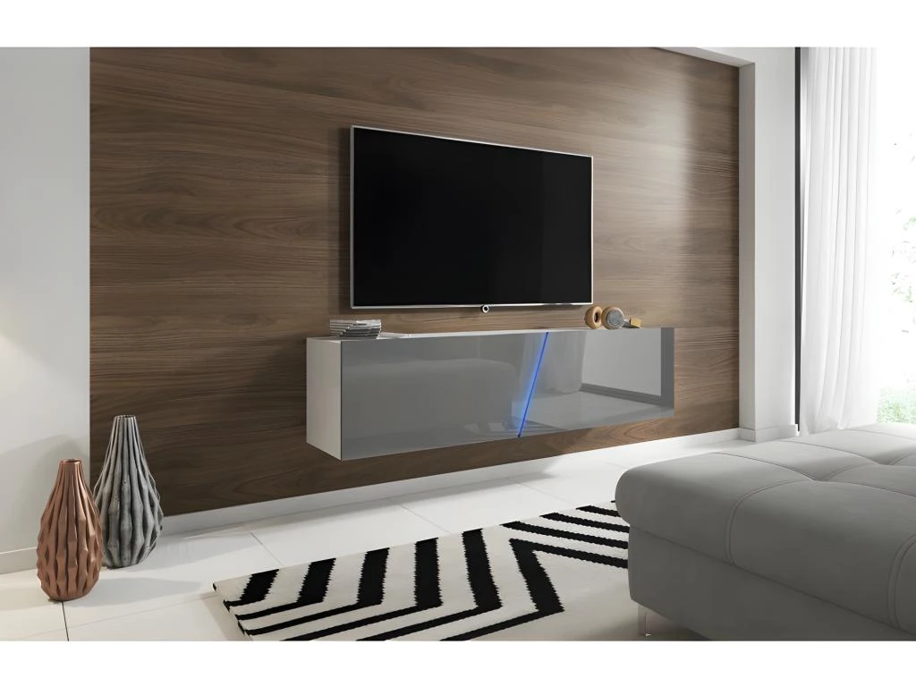 Meuble TV Suspendu Design SPEED, 160 Cm, 1 Porte, Coloris Blanc Et Gris Avec LED Intégrée. 4 Meuble TV Suspendu Design SPEED, 160 Cm, 1 Porte, Coloris Blanc Et Gris Avec LED Intégrée. – Image 2
