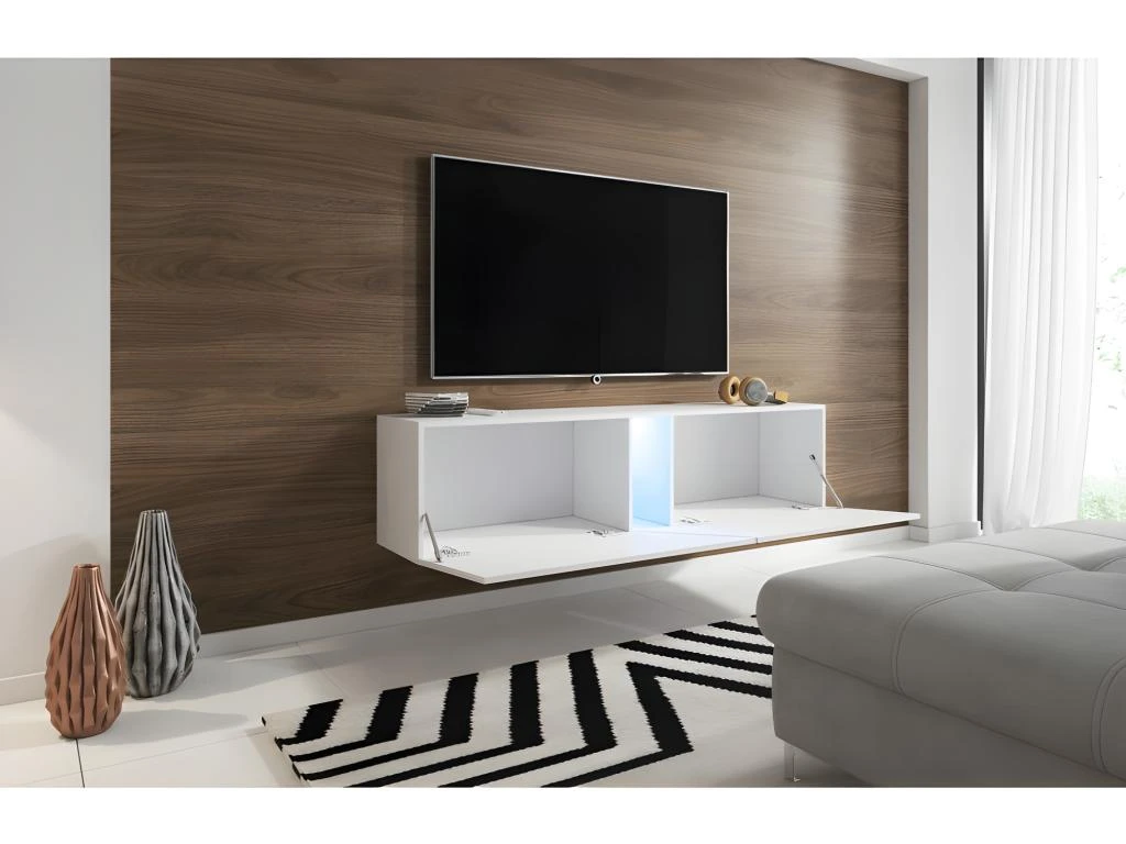 Meuble TV Suspendu Design SPEED, 160 Cm, 1 Porte, Coloris Blanc Et Gris Avec LED Intégrée. 5 Meuble TV Suspendu Design SPEED, 160 Cm, 1 Porte, Coloris Blanc Et Gris Avec LED Intégrée. – Image 3