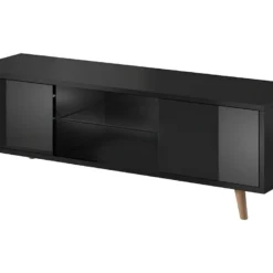 Meuble TV Design EDEN 140 Cm, 2 Portes Et 2 Niches, Coloris Noir. Type Scandinave.