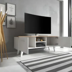 Meuble TV Design EST, 140cm, 2 Portes Et 2 Niches, Coloris Blanc Et Chêne. -Pas Cher Mobiliora Magasin meuble tv 8920777