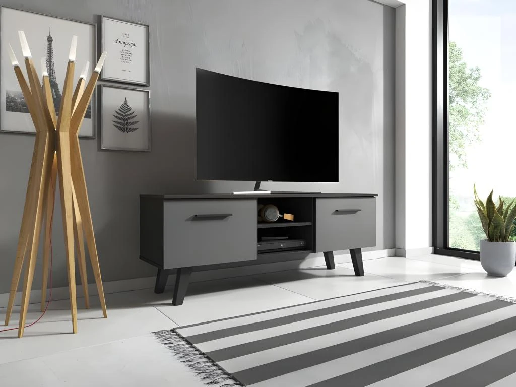 Meuble TV Design EST, 140cm, 2 Portes Et 2 Niches, Coloris Noir Et Anthracite. 4 Meuble TV Design EST, 140cm, 2 Portes Et 2 Niches, Coloris Noir Et Anthracite. – Image 2