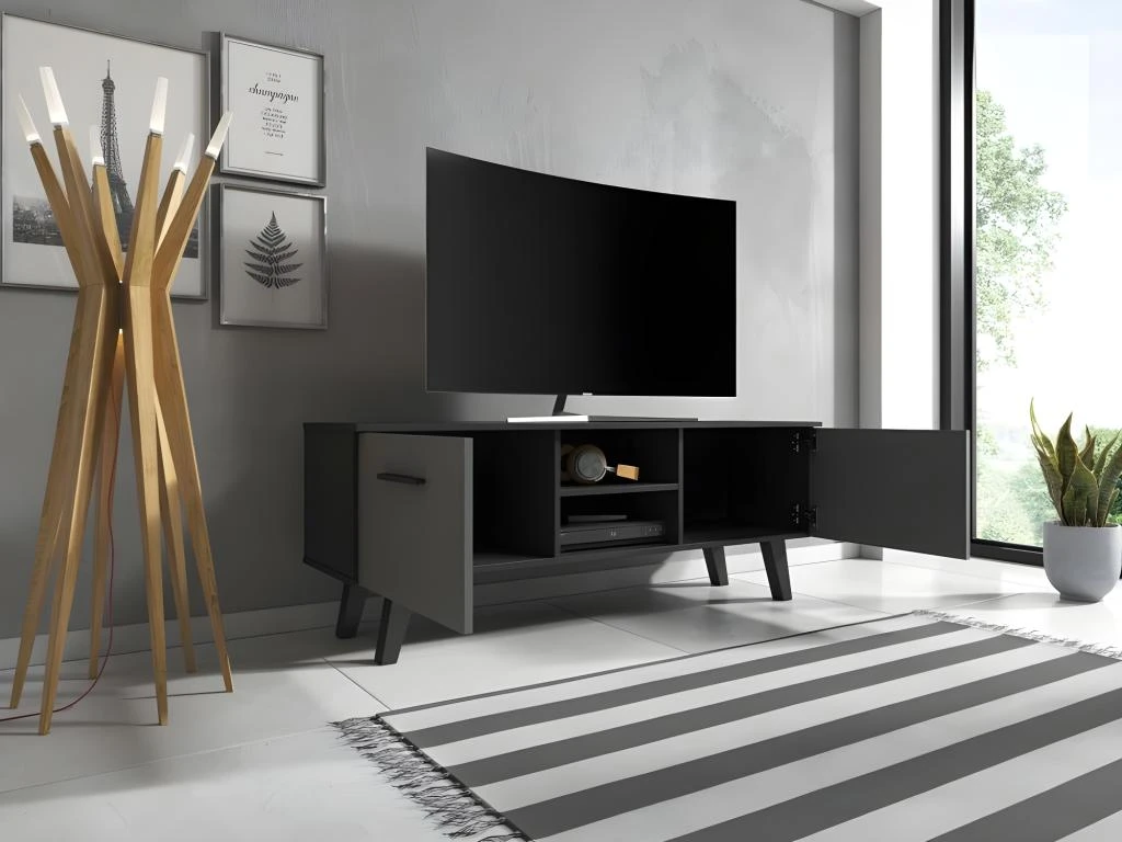 Meuble TV Design EST, 140cm, 2 Portes Et 2 Niches, Coloris Noir Et Anthracite. 5 Meuble TV Design EST, 140cm, 2 Portes Et 2 Niches, Coloris Noir Et Anthracite. – Image 3
