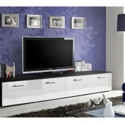 Meuble TV 200cm Collection COMET. Couleur Noir Et Blanc. 2 Portes Abattantes.