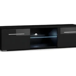 Meuble TV Design LEON 140 Cm. 2 Portes Et Niche Coloris Noir + LED