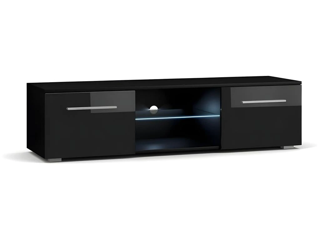 Meuble TV Design LEON 140 Cm. 2 Portes Et Niche Coloris Noir + LED 3 Meuble TV Design LEON 140 Cm. 2 Portes Et Niche Coloris Noir + LED