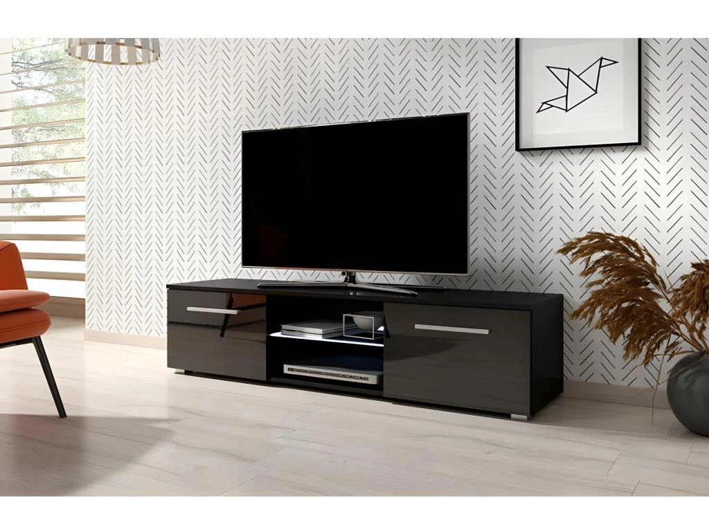 Meuble TV Design LEON 140 Cm. 2 Portes Et Niche Coloris Noir + LED 4 Meuble TV Design LEON 140 Cm. 2 Portes Et Niche Coloris Noir + LED – Image 2