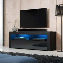 Meuble TV Design MEXICO 140 Cm, 1 Porte Et 1 Niche, Coloris Noir + LED -Pas Cher Mobiliora Magasin meuble tv 8921631