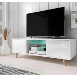 Meuble TV Design EDEN 140 Cm, 2 Portes Et 2 Niches, Coloris Blanc + LED. Type Scandinave. 7 Meuble TV Design EDEN 140 Cm, 2 Portes Et 2 Niches, Coloris Blanc + LED. Type Scandinave. -Pas Cher Mobiliora Magasin meuble tv 8921757