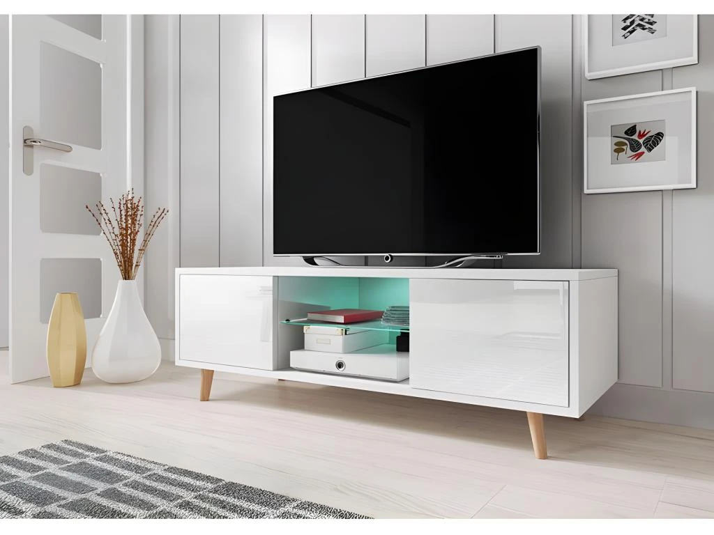 Meuble TV Design EDEN 140 Cm, 2 Portes Et 2 Niches, Coloris Blanc + LED. Type Scandinave. 4 Meuble TV Design EDEN 140 Cm, 2 Portes Et 2 Niches, Coloris Blanc + LED. Type Scandinave. – Image 2