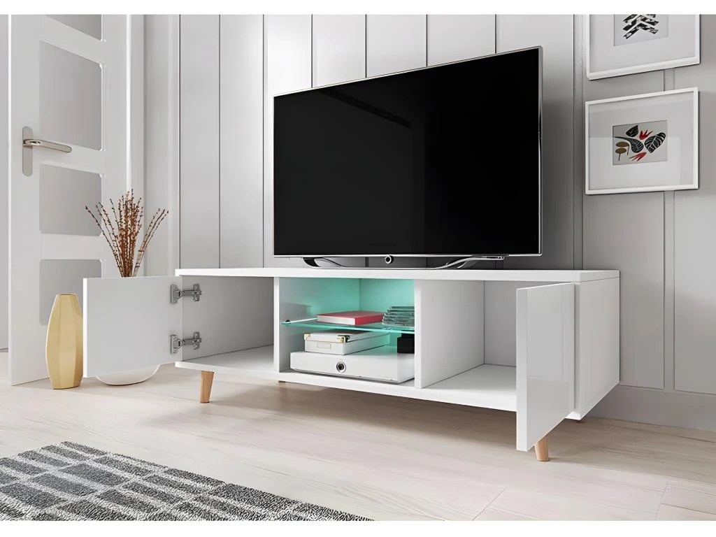 Meuble TV Design EDEN 140 Cm, 2 Portes Et 2 Niches, Coloris Blanc + LED. Type Scandinave. 5 Meuble TV Design EDEN 140 Cm, 2 Portes Et 2 Niches, Coloris Blanc + LED. Type Scandinave. – Image 3