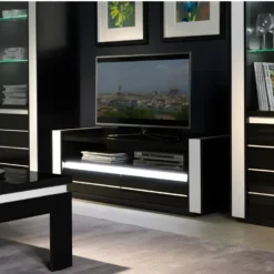 Meuble Tv LINA Noir Et Blanc Brillant + LED
