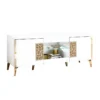 SAFARY - Meuble TV 160cm 3 Portes Laqué Blanc Et Or Décor Sérigraphié -Pas Cher Mobiliora Magasin meuble tv 8922219