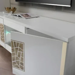SAFARY - Meuble TV 160cm 3 Portes Laqué Blanc Et Or Décor Sérigraphié -Pas Cher Mobiliora Magasin meuble tv 8922223