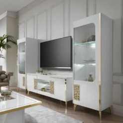 SAFARY - Meuble TV 160cm 3 Portes Laqué Blanc Et Or Décor Sérigraphié -Pas Cher Mobiliora Magasin meuble tv 8922225