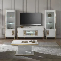 SAFARY - Meuble TV 160cm 3 Portes Laqué Blanc Et Or Décor Sérigraphié -Pas Cher Mobiliora Magasin meuble tv 8922227