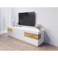 Meuble TV XL 200cm Collection KILES. Coloris Blanc Et Chêne. Style Design. -Pas Cher Mobiliora Magasin meuble tv 8922309