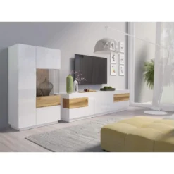 Meuble TV XL 200cm Collection KILES. Coloris Blanc Et Chêne. Style Design. -Pas Cher Mobiliora Magasin meuble tv 8922311
