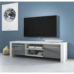 Pas Cher Mobiliora Magasin 21 Meuble TV Design MANHATTAN 140 Cm à 2 Portes Et 2 Niches Coloris Blanc Et Gris
