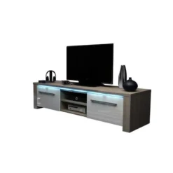 Meuble TV Design MANHATTAN 140 Cm à 2 Portes Et 2 Niches Coloris Sonoma Et Blanc + Led -Pas Cher Mobiliora Magasin meuble tv 8922401