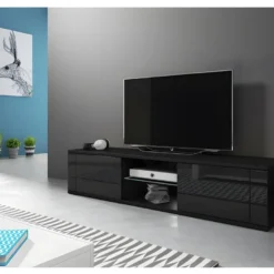 Meuble TV Design PARIS-HIT 140 Cm, 2 Portes Et 2 Niches, Coloris Noir Mat Et Noir Brillant