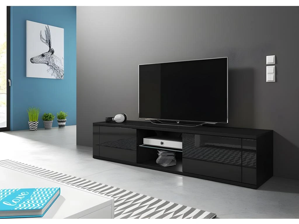 Meuble TV Design PARIS-HIT 140 Cm, 2 Portes Et 2 Niches, Coloris Noir Mat Et Noir Brillant 3 Meuble TV Design PARIS-HIT 140 Cm, 2 Portes Et 2 Niches, Coloris Noir Mat Et Noir Brillant