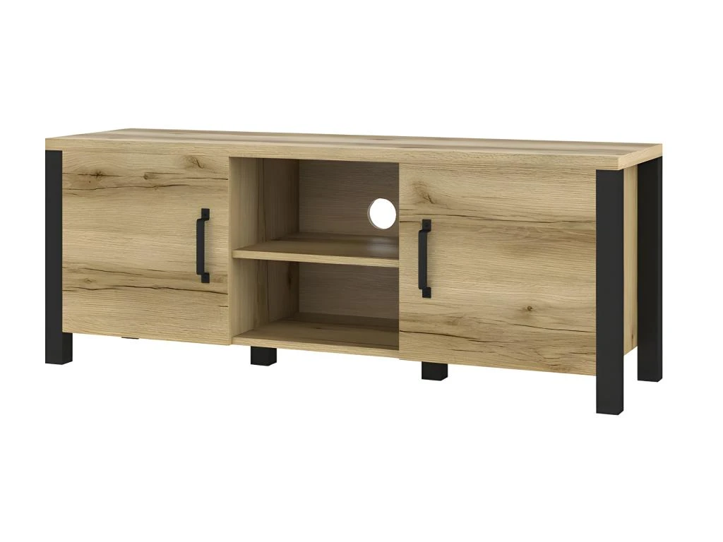 Meuble TV 150cm Collection DARWIN. Couleur Chêne Clair Et Noir. 2 Portes Et 2 Niches 3 Meuble TV 150cm Collection DARWIN. Couleur Chêne Clair Et Noir. 2 Portes Et 2 Niches