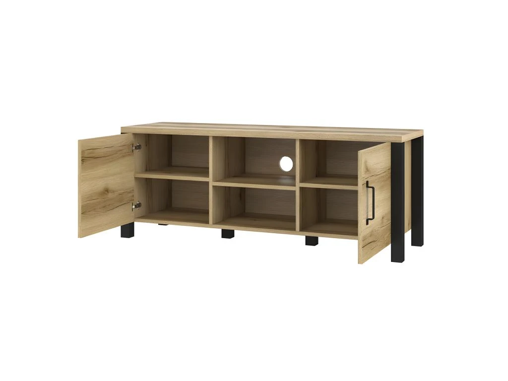 Meuble TV 150cm Collection DARWIN. Couleur Chêne Clair Et Noir. 2 Portes Et 2 Niches 4 Meuble TV 150cm Collection DARWIN. Couleur Chêne Clair Et Noir. 2 Portes Et 2 Niches – Image 2