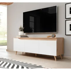 Meuble TV Scandinave TUEW 140cm, 3 Portes, Coloris Chêne Et Blanc Mat. -Pas Cher Mobiliora Magasin meuble tv 8922733
