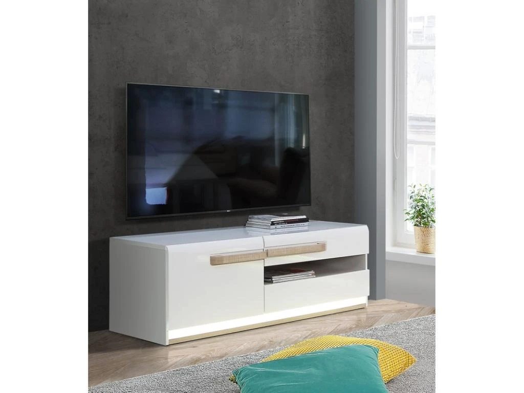 Meuble TV Blanc Laqué Et Décor Chêne Naturel - ALEXIANE 4 Meuble TV Blanc Laqué Et Décor Chêne Naturel - ALEXIANE – Image 2
