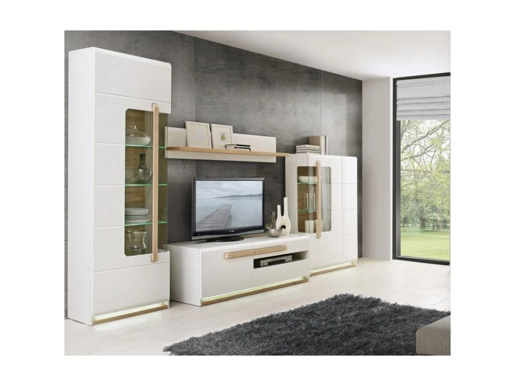 Meuble TV Blanc Laqué Et Décor Chêne Naturel - ALEXIANE 5 Meuble TV Blanc Laqué Et Décor Chêne Naturel - ALEXIANE – Image 3
