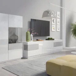 Meuble TV XL 200cm Collection KILES. Coloris Blanc Et Gris. Style Design. -Pas Cher Mobiliora Magasin meuble tv 8922929