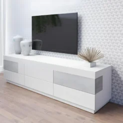 Meuble TV XL 200cm Collection KILES. Coloris Blanc Et Gris. Style Design. -Pas Cher Mobiliora Magasin meuble tv 8922931