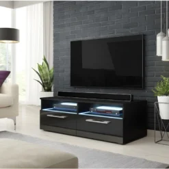 Meuble TV Design BONNIE 100 Cm, 2 Portes Et 2 Niches, Coloris Noir + LED.