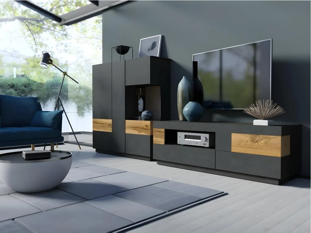 Meuble TV 160cm Collection KILES. Coloris Gris Anthracite Et Chêne. Style Design. 4 Meuble TV 160cm Collection KILES. Coloris Gris Anthracite Et Chêne. Style Design. – Image 2