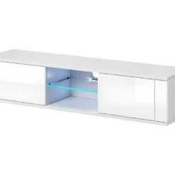 Meuble TV Design PARIS-HIT 140 Cm, 2 Portes Et 2 Niches, Coloris Blanc + LED