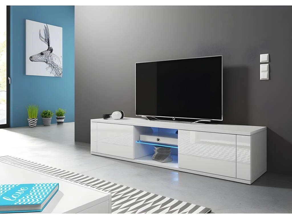 Meuble TV Design PARIS-HIT 140 Cm, 2 Portes Et 2 Niches, Coloris Blanc + LED 4 Meuble TV Design PARIS-HIT 140 Cm, 2 Portes Et 2 Niches, Coloris Blanc + LED – Image 2