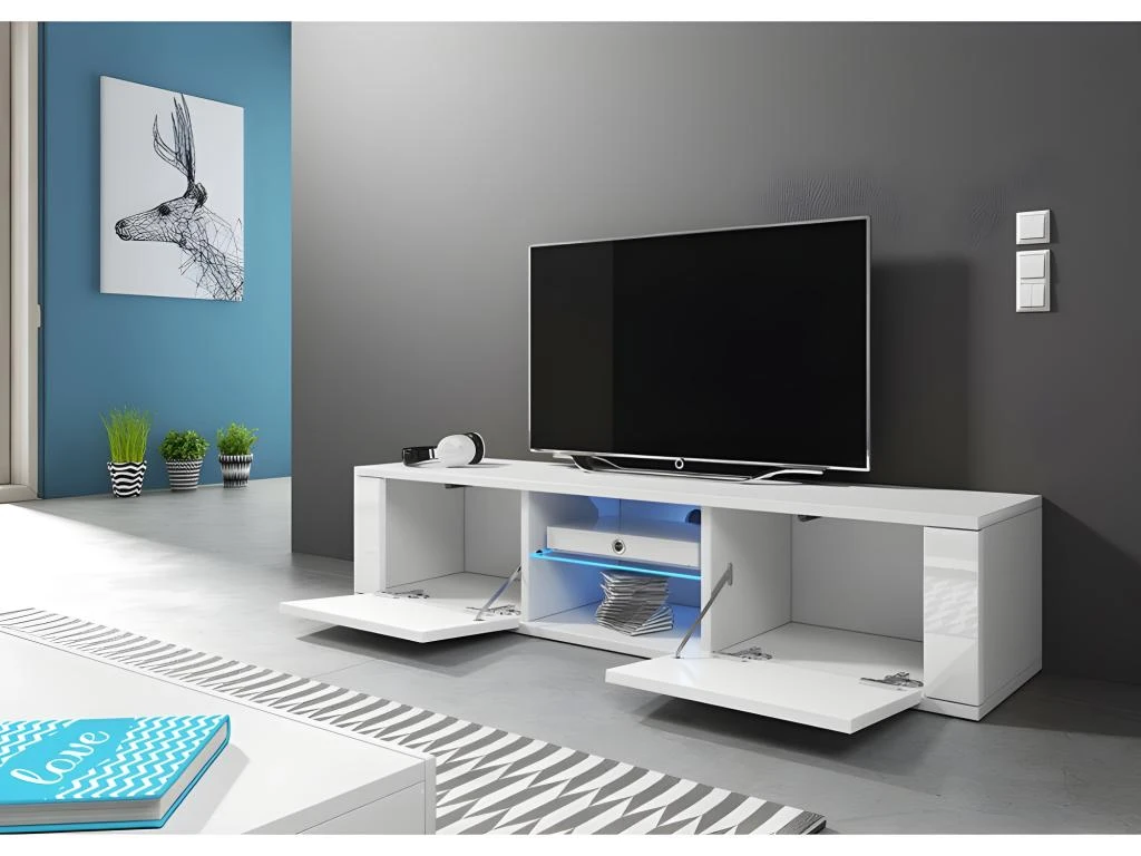 Meuble TV Design PARIS-HIT 140 Cm, 2 Portes Et 2 Niches, Coloris Blanc + LED 5 Meuble TV Design PARIS-HIT 140 Cm, 2 Portes Et 2 Niches, Coloris Blanc + LED – Image 3