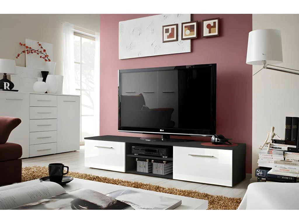 Meuble TV Design Collection BONOO 180 Cm. Coloris Noir Et Blanc. 3 Meuble TV Design Collection BONOO 180 Cm. Coloris Noir Et Blanc.