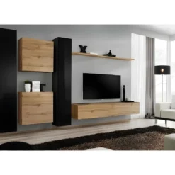 Ensemble Meuble Salon Mural SWITCH VI Design, Coloris Chêne Wotan Et Noir Brillant.