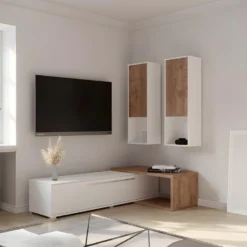 Composition De 3 Meubles Design Pour Salon Couleur Blanc Et Chêne Collection HARLEM -Pas Cher Mobiliora Magasin meuble tv 8923865