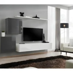 Ensemble Meuble Salon SWITCH V Design, Coloris Blanc Et Gris Brillant.