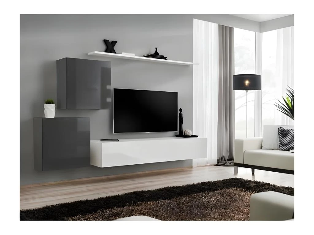 Ensemble Meuble Salon SWITCH V Design, Coloris Blanc Et Gris Brillant. 3 Ensemble Meuble Salon SWITCH V Design, Coloris Blanc Et Gris Brillant.