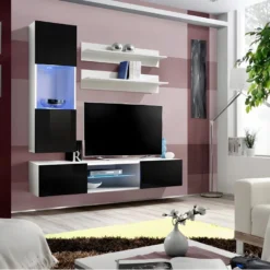 Ensemble Meuble TV FLY S3 Avec LED. Coloris Blanc Et Noir. Meuble Suspendu Design Pour Votre Salon.