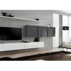 Ensemble Meuble Salon SWITCH VII Design, Coloris Blanc Et Gris Brillant.
