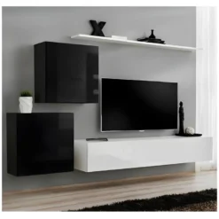 Ensemble Meuble Salon Mural SWITCH V Design, Coloris Blanc Et Noir Brillant.
