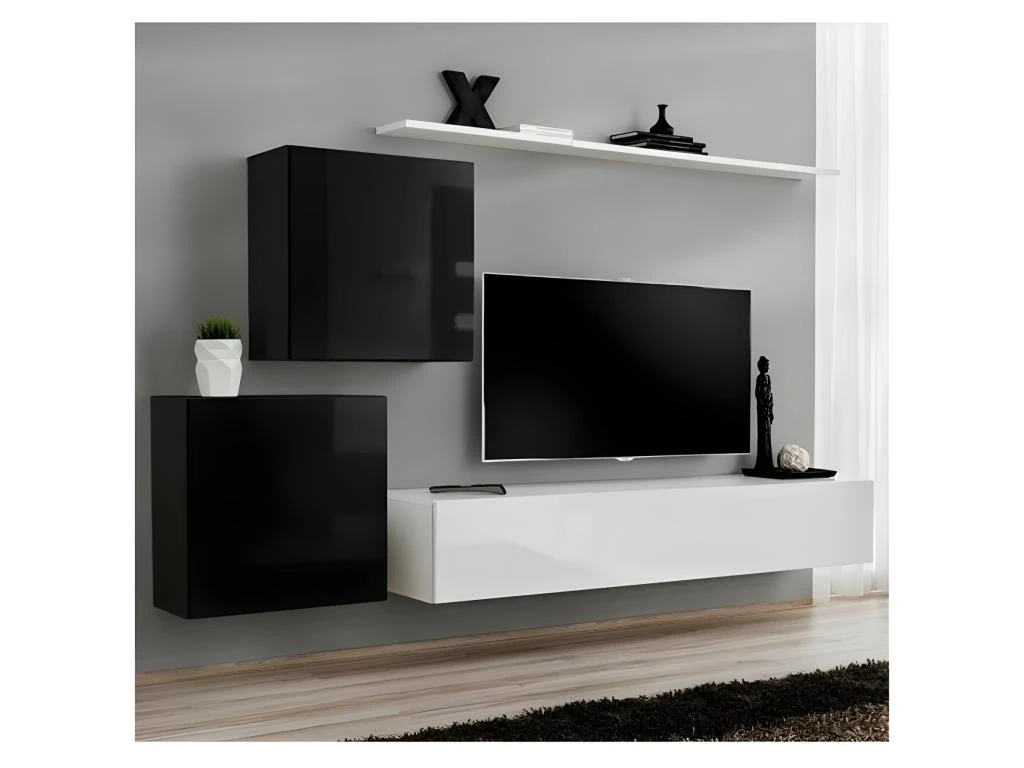 Ensemble Meuble Salon Mural SWITCH V Design, Coloris Blanc Et Noir Brillant. 3 Ensemble Meuble Salon Mural SWITCH V Design, Coloris Blanc Et Noir Brillant.