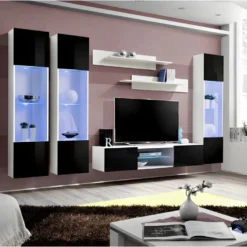 Ensemble Meuble TV FLY P3 Avec LED. Coloris Blanc Et Noir. Meubles Suspendus Design Pour Votre Salon.